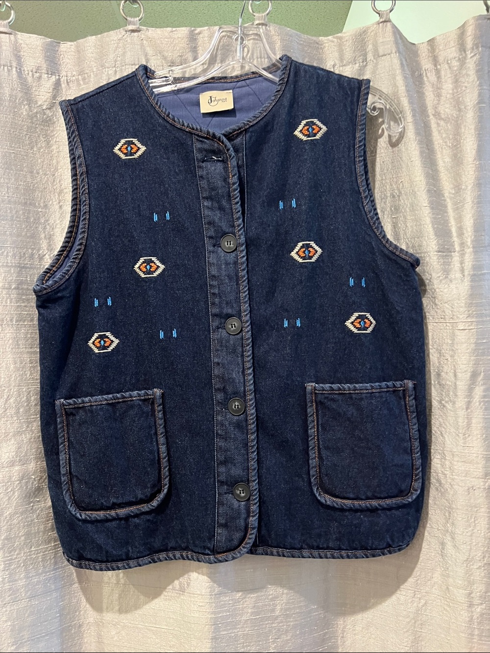Vintage-Inspired Dark Blue Embroidered Denim Vest - Women